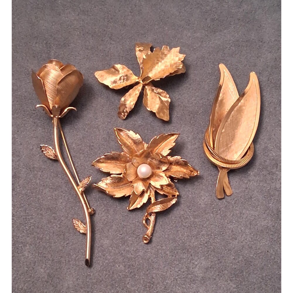 Vintage Brushed Gold Brooch Bundle (4) long Stem Rose Pearl